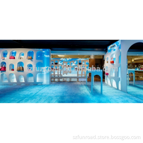 Customized unique display shelves and led lighted glass cubes for handbag display